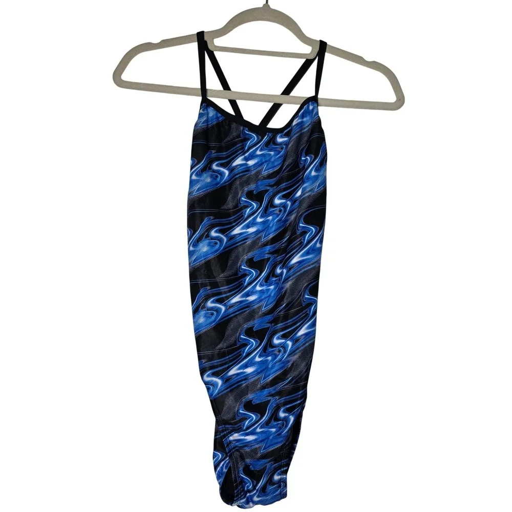 Dolfin‎ Womens One Piece Swimsuit Size 36 Blue Flame Swirl Athletic Training